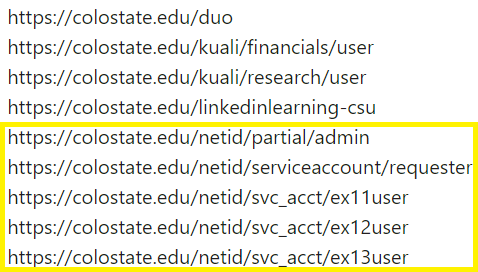 examples of CSU LDAP entitlements, with service account entitlements highlighted